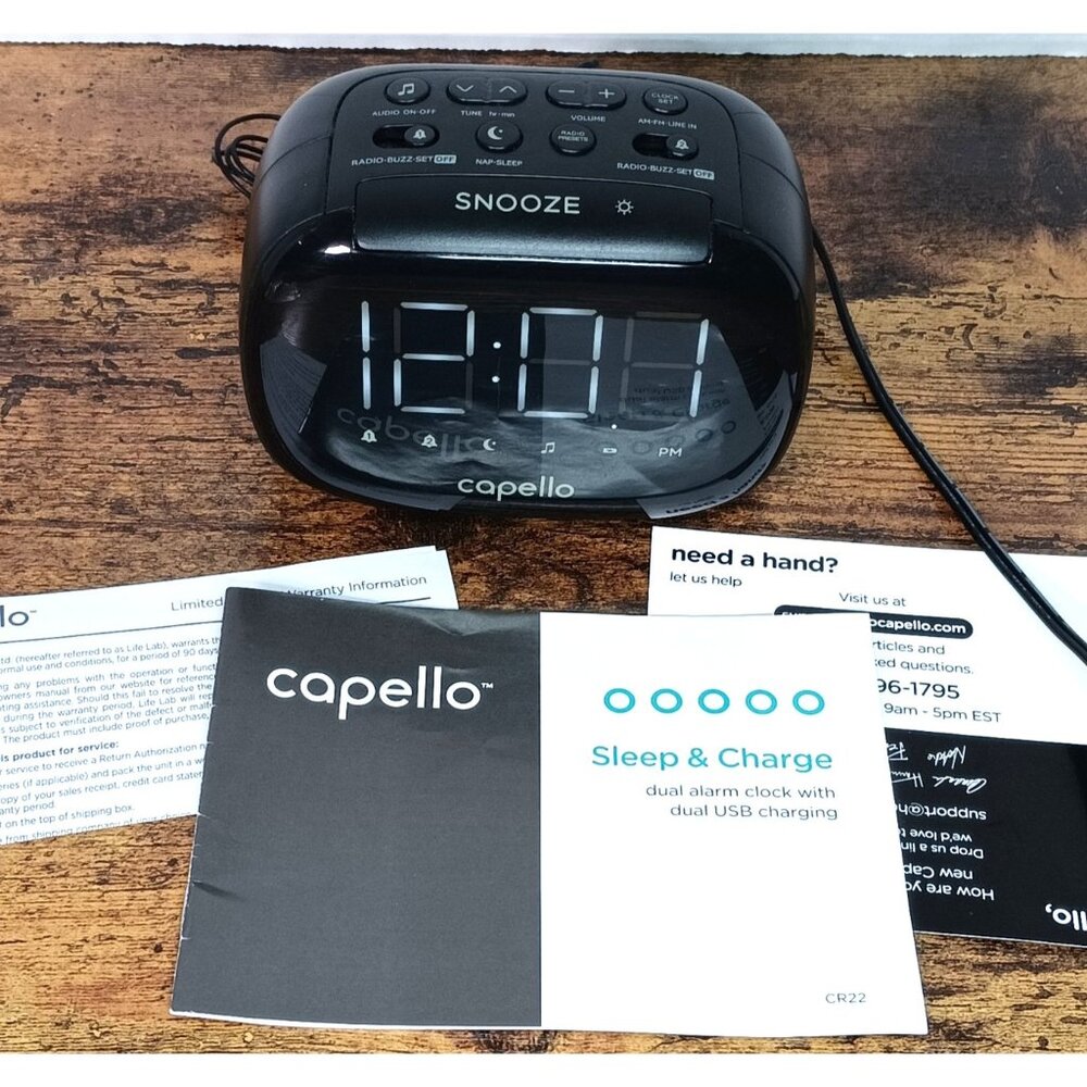 Capello Black Sleep and Charge Digital Alarm Clock 2 USB Charging Ports CR22